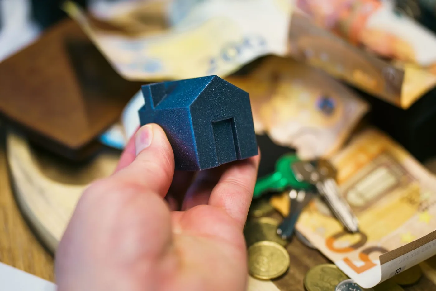 ruka drží model domu nad eurobankovkami