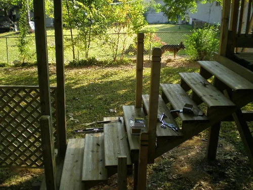 dřevěná terasa se schody v zahradě