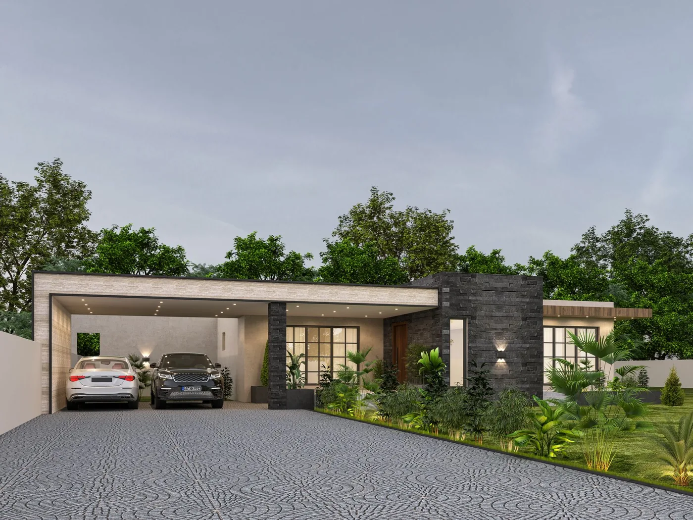 moderní přízemní bungalov s krytým stáním pro auta