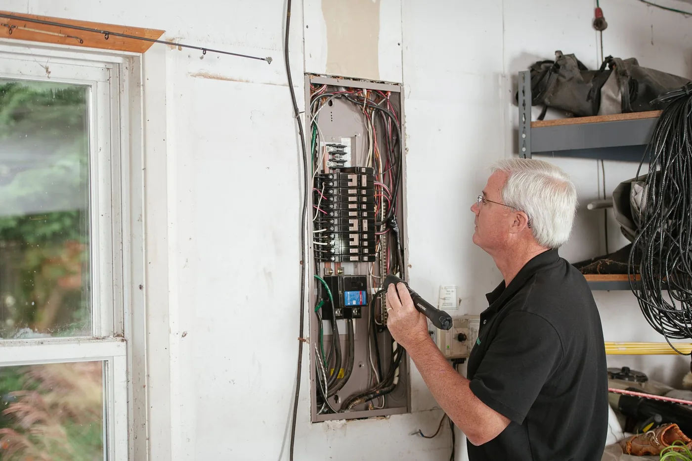 elektrikář kontroluje rozvaděč v garáži